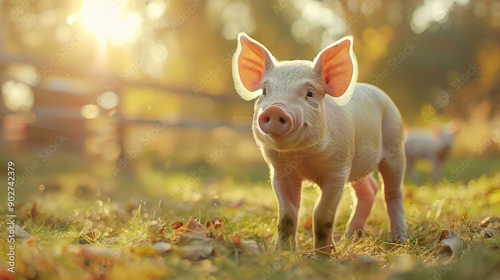 A baby piglet exploring a sunlit farmyard, morning light A baby piglet exploring a sunlit farmyard, morning light