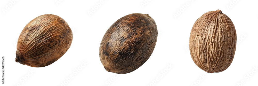 Set of A single whole nutmeg seed isolated on transparent background