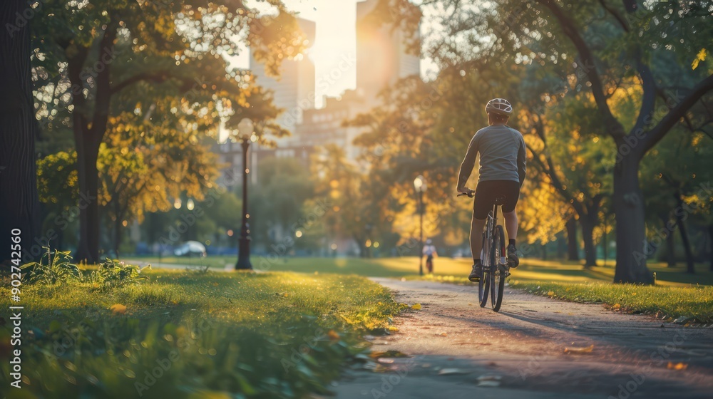 Man on a bicycle in an urban area, with clear space for transport and mobility messages.