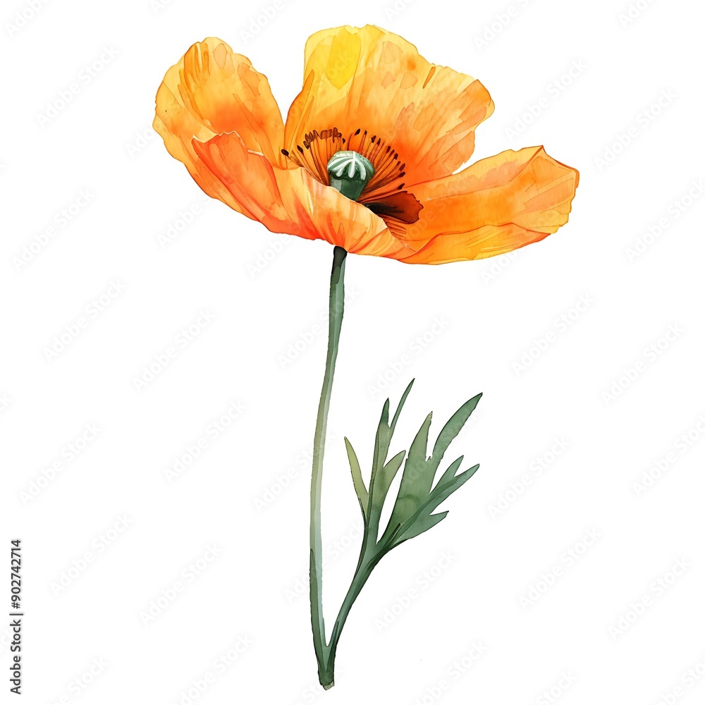 Naklejka premium Watercolor Orange Poppy Isolated on White Background. Beautiful Poppy Flower