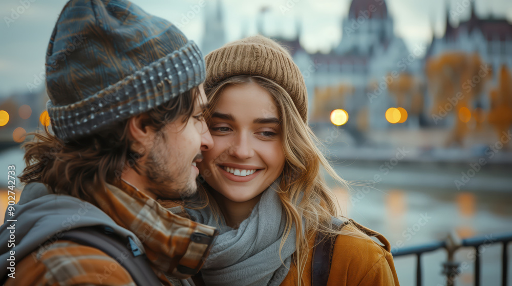 Young Couple Embracing Outdoors in Winter Clothing with Scenic Background Young Couple Embracing Outdoors in Winter Clothing with Scenic Background