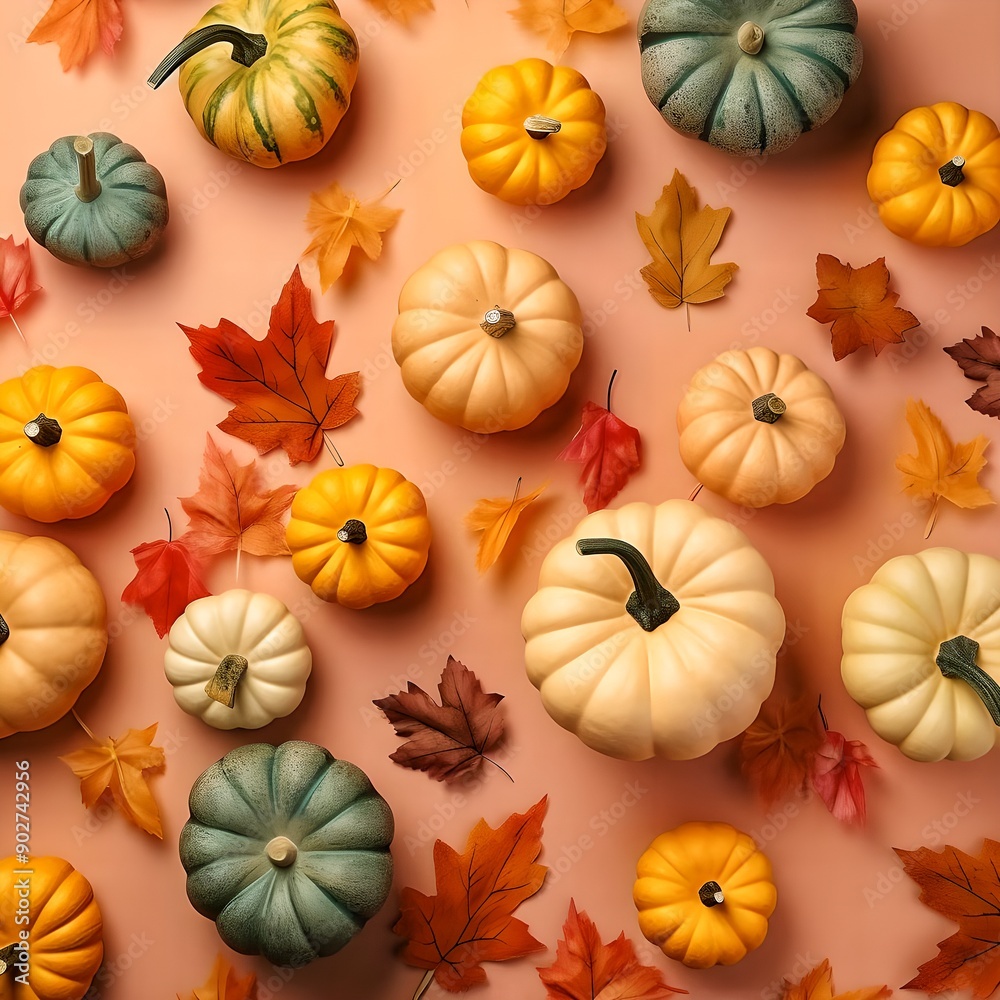 Multicolored pumpkins below on peach fuzz background Thanksgiving, autumn leaves, banner. Halloween party
Multicolored pumpkins below on peach fuzz background Thanksgiving, autumn leaves, banner. Halloween party
