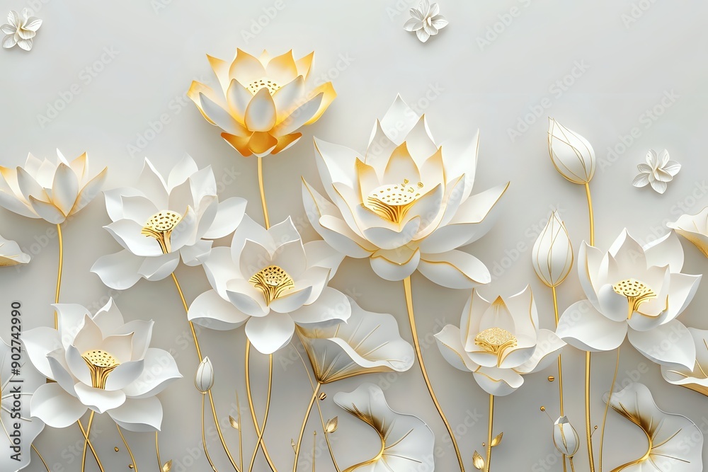 Fototapeta premium Elegant White Lotus Flowers Bloom with Golden Accents on a Serene Background