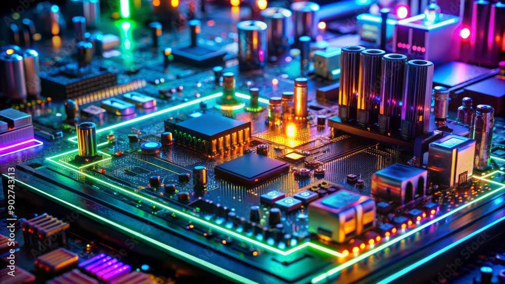 High-tech digital motherboard with intricate electronic circuits and microchips illuminated by colorful LED lights in a dark laboratory environment. High-tech digital motherboard with intricate electronic circuits and microchips illuminated by colorful LED lights in a dark laboratory environment.