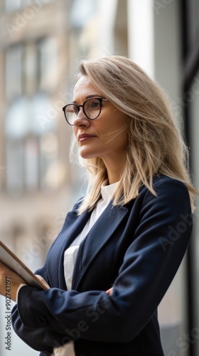 Professional woman with glasses holding a tablet outdoors