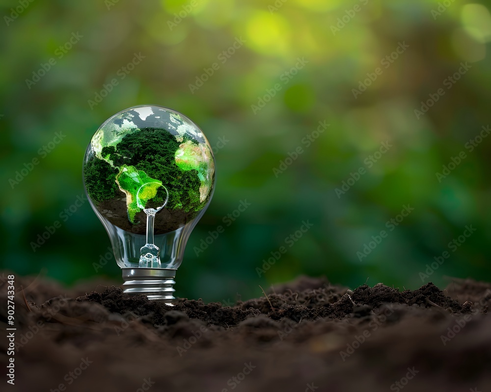 A light bulb with a world map inside, placed on soil and surrounded by green plants. This scene symbolizes environmental protection and sustainable development through energy technology, A light bulb with a world map inside, placed on soil and surrounded by green plants. This scene symbolizes environmental protection and sustainable development through energy technology,