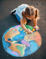 Preschool girl and world globe painting with colorful chalks on the floor. Positive little boy. Happy earth day concept. Creation of children to save the world, the environment, world peace day