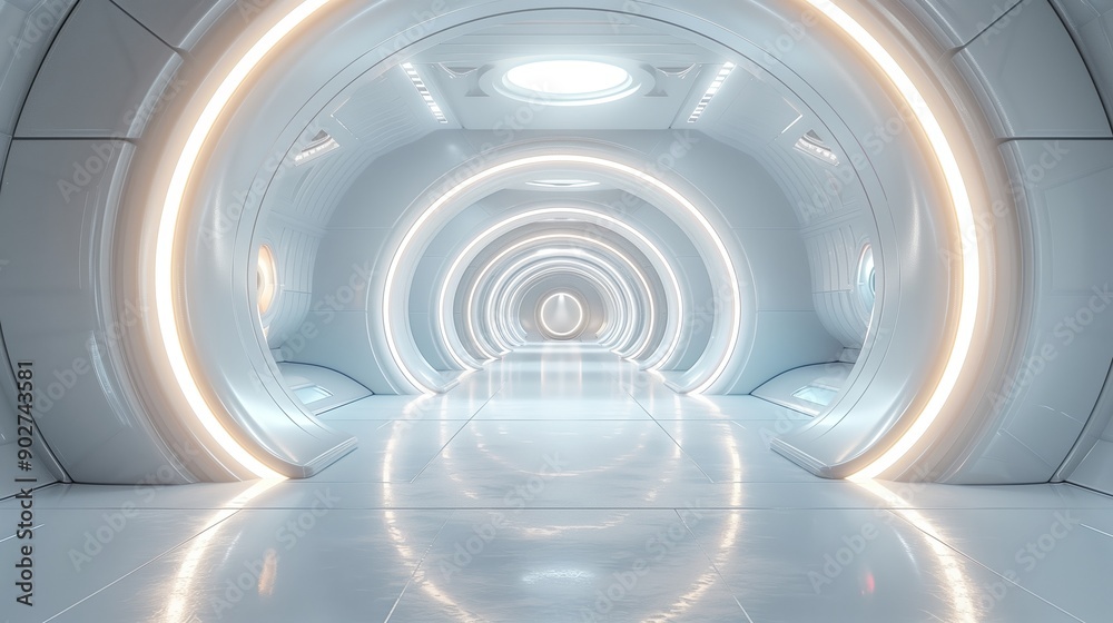 Futuristic Hallway With Circular Lighting in a Sci-Fi Setting at Night Futuristic Hallway With Circular Lighting in a Sci-Fi Setting at Night