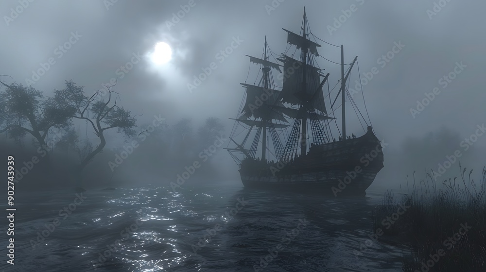 A ghost ship sailing through foggy waters under a dark sky halloween day A ghost ship sailing through foggy waters under a dark sky halloween day