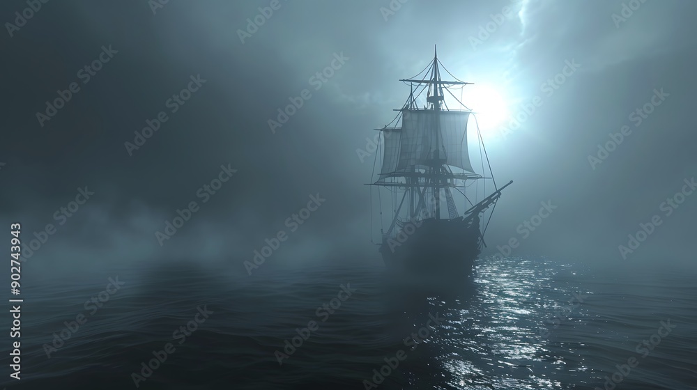 A ghost ship sailing through foggy waters under a dark sky halloween day A ghost ship sailing through foggy waters under a dark sky halloween day