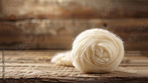 A white ball of yarn sits on a wooden table. The yarn is unspun and he is made of wool. The table is made of wood and has a natural, rustic feel photo