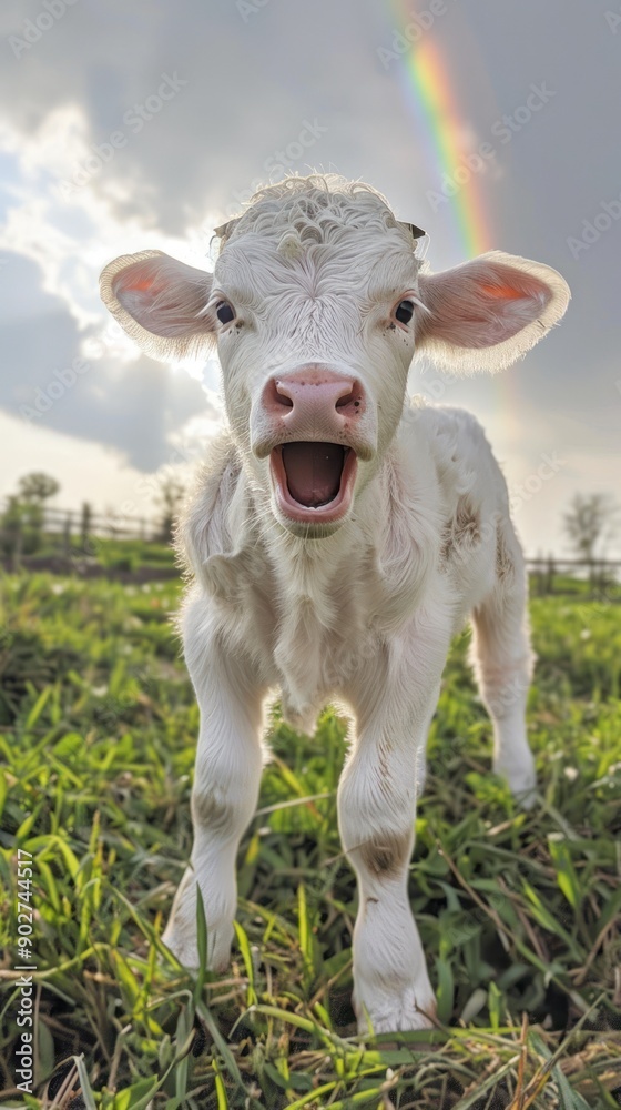 Cheerful calf facing camera with rainbow in the sky. Cheerful calf facing camera with rainbow in the sky.