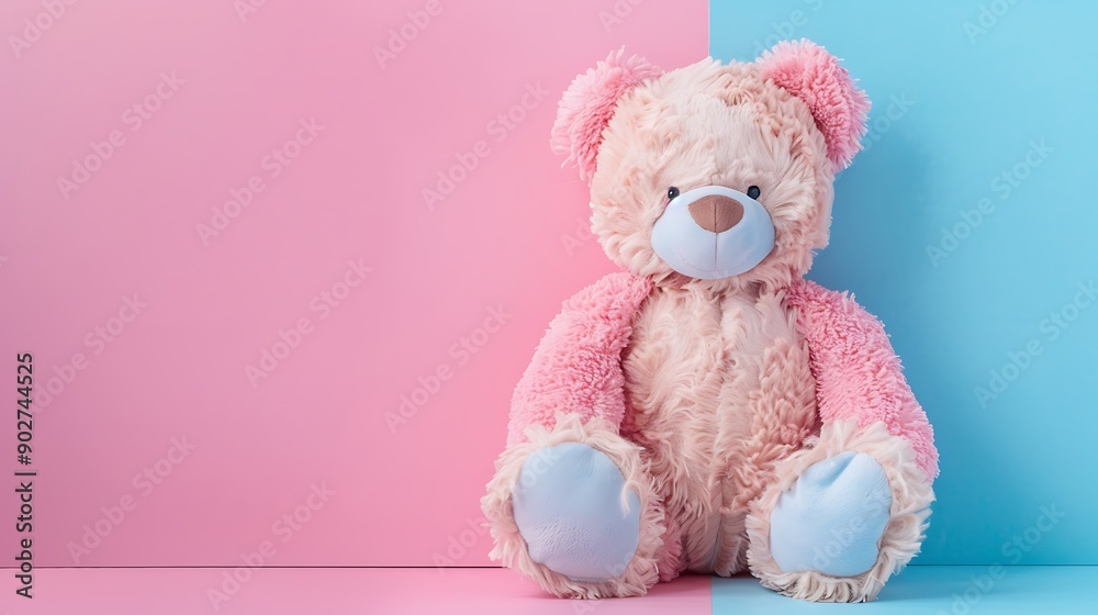 Cute teddy bear sitting isolated on pink and sky blue background Cute teddy bear sitting isolated on pink and sky blue background