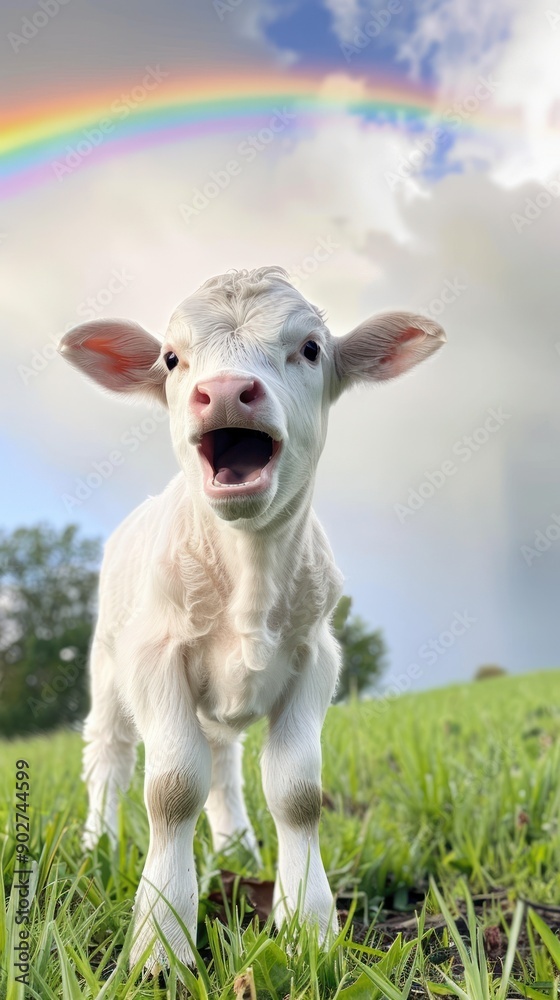 White calf smiling in vibrant green field with rainbow White calf smiling in vibrant green field with rainbow