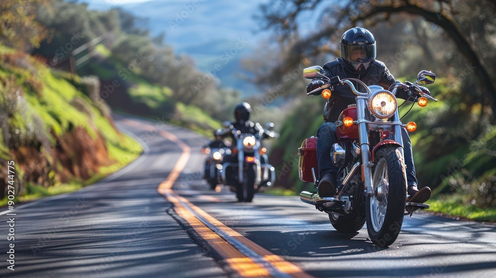 Motorcyclists on a winding road, perfect for adventure and travel backgrounds. Motorcyclists on a winding road, perfect for adventure and travel backgrounds.