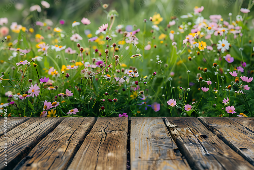 Fototapeta premium Wildflowers Meadow With Rustic Wood Mock Up
