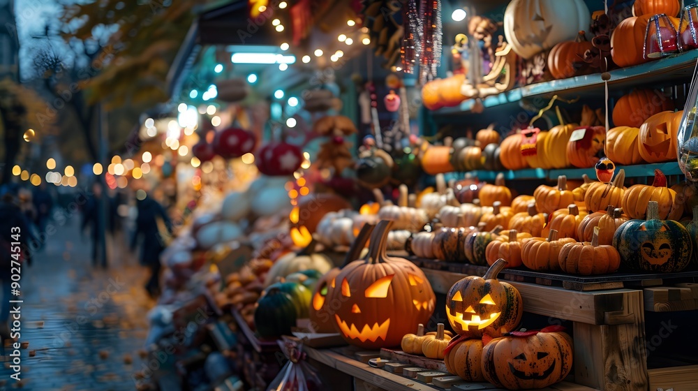 A spooky Halloween market with stalls selling eerie decorations and treats A spooky Halloween market with stalls selling eerie decorations and treats