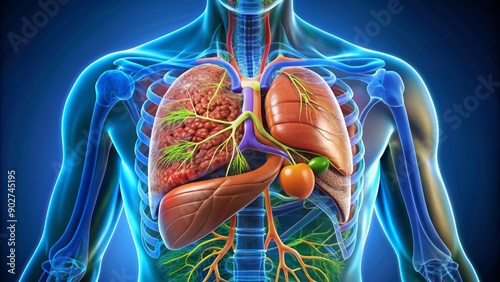 highly detailed illustration of human liver anatomy showcasing lobes hepatic artery portal vein bile ducts and gallbladder in vibrant colors