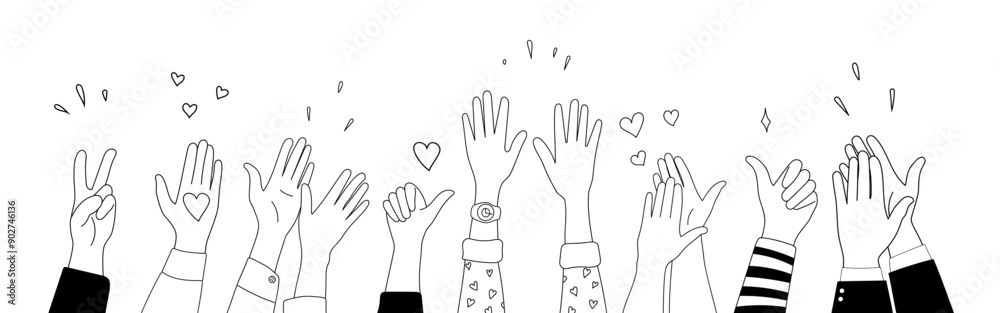 Doodle sketch hands up gestures comic icons silhouettes vector set. Group of line art fun comic hands in the air. Voting or happy congratulation audience recognition symbols. Doodle sketch hands up gestures comic icons silhouettes vector set. Group of line art fun comic hands in the air. Voting or happy congratulation audience recognition symbols.
