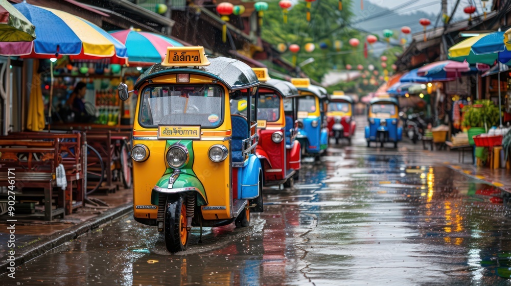 Fototapeta premium Row of colorful tuk-tuks in a bustling market, highlighting cultural and vibrant transport themes.