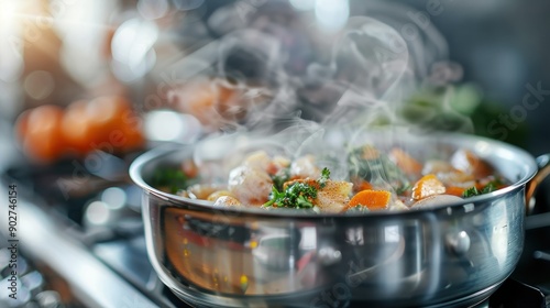 A colorful medley of vegetables and herbs simmering in a pot on a stove, releasing steam and inducing a sense of home-cooked meal comfort and aroma in the kitchen. photo