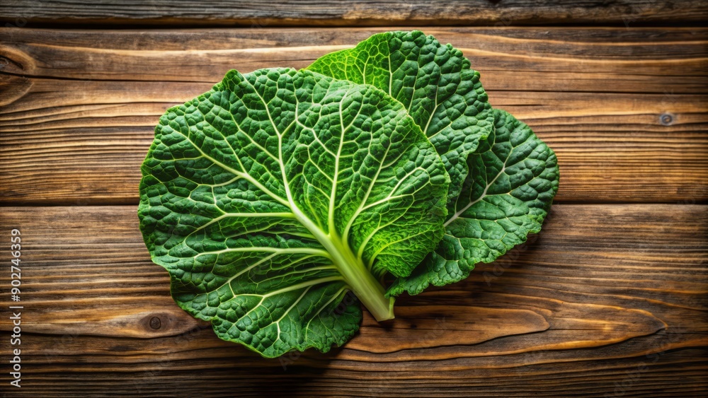 Fresh green vegetable leaf with intricate veins and edges curled upwards on a rustic wooden farm table background Fresh green vegetable leaf with intricate veins and edges curled upwards on a rustic wooden farm table background