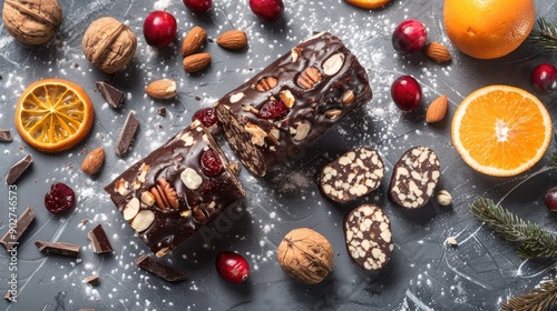 Chocolate salami with nuts cranberries and oranges on gray background viewed from top