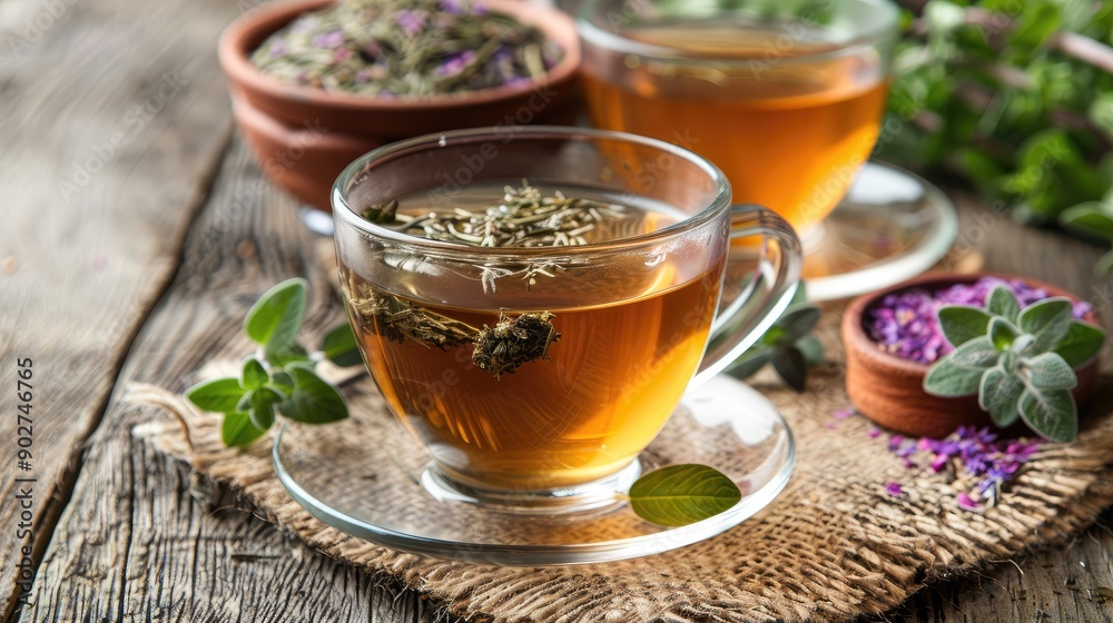 A cup of tea with herbs in it sits on a table. The herbs include mint, basil, and parsley A cup of tea with herbs in it sits on a table. The herbs include mint, basil, and parsley