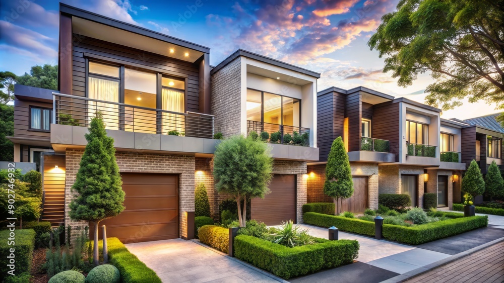 Vibrant modern suburban townhouse icon surrounded by lush greenery and elegant exterior design elements in a serene urban environment. Vibrant modern suburban townhouse icon surrounded by lush greenery and elegant exterior design elements in a serene urban environment.