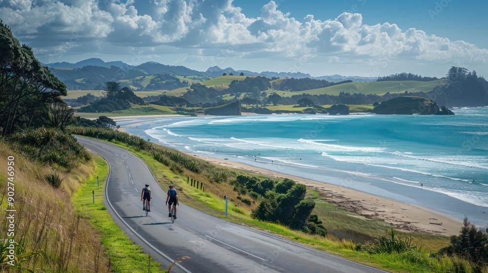 Obraz premium Scenic coastal road with cyclists, ideal for active travel and scenic views.
