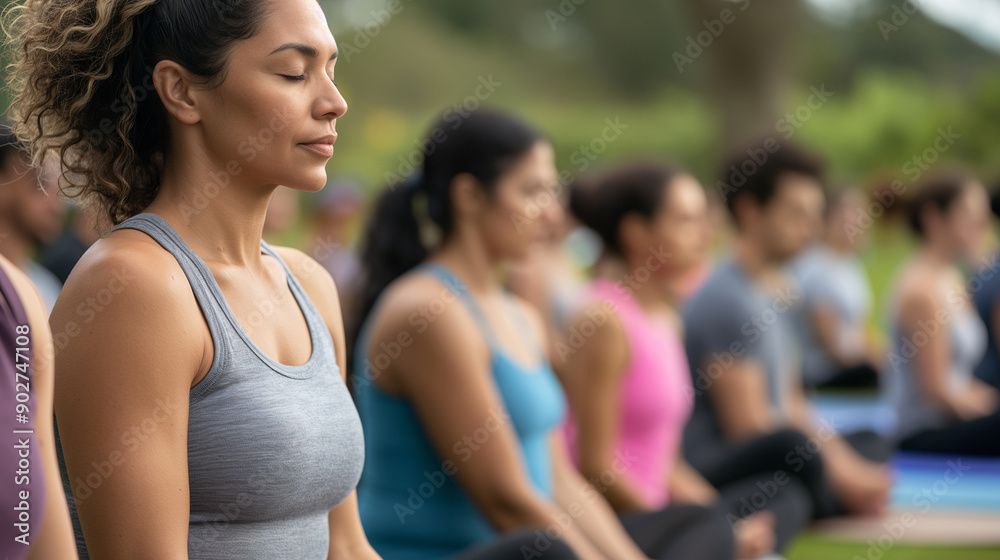 A close-up of a group of adults participating in a community yoga class in a park, with yoga mats and serene expressions A close-up of a group of adults participating in a community yoga class in a park, with yoga mats and serene expressions