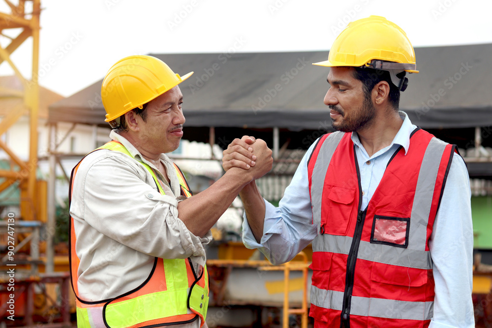 Happy engineers with safety vest and helmet have strong handshake at building site. Senior elderly Asian shakes hands with young worker during works together at construction site. teamwork and unity. Happy engineers with safety vest and helmet have strong handshake at building site. Senior elderly Asian shakes hands with young worker during works together at construction site. teamwork and unity.