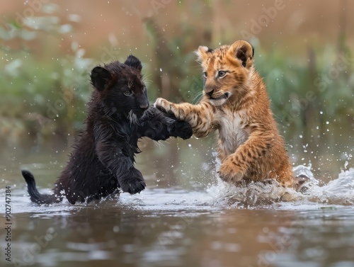 Playful Cubs Splashing in a Shallow Pool During a Sunny Day in the Wild