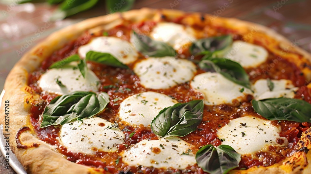 A close-up shot of a freshly baked Margherita pizza with mozzarella cheese, tomato sauce, and fresh basil leaves. A close-up shot of a freshly baked Margherita pizza with mozzarella cheese, tomato sauce, and fresh basil leaves.