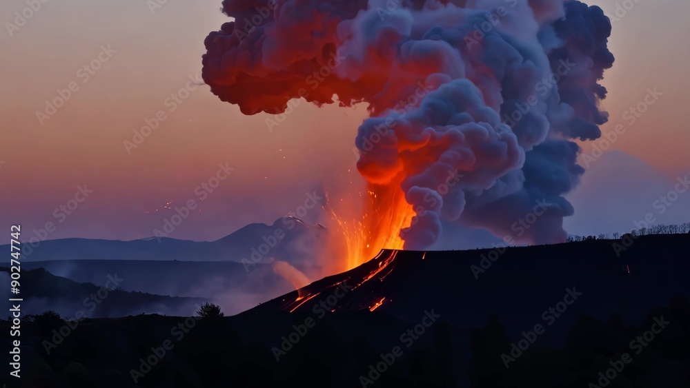 Fototapeta premium Erupting volcano with smoke and lava at