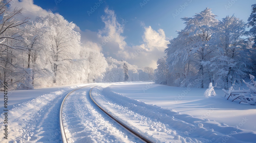 Snow-covered train tracks winding through a winter landscape, capturing seasonal travel. Snow-covered train tracks winding through a winter landscape, capturing seasonal travel.