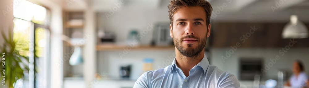 Obraz premium Confident Young Professional Man Standing in Modern Office with Arms Crossed