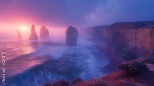 A pre-dawn view of the Twelve Apostles along the Great Ocean Road, showcasing their majestic beauty.