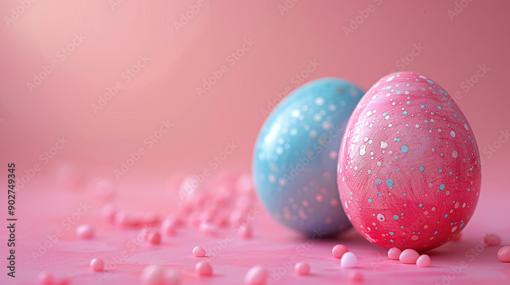 Two painted eggs with pink and blue spots on a pink background Two painted eggs with pink and blue spots on a pink background