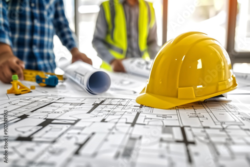 Architects and Engineers Discussing Blueprints with Safety Helmet on Construction Site photo