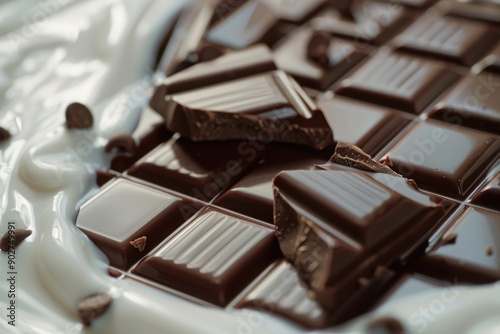 Chocolate melted in cream with milk splash. background. with piece of chocolate.