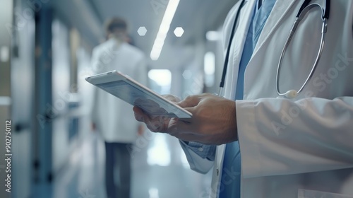 An image of a doctor in a hospital setting, using a tablet to update patient information. The professional attire and modern device emphasize the role of mobile technology in healthcare.