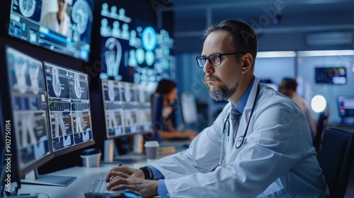 An image of a doctor participating in a virtual training session, using a computer to learn new medical techniques. 