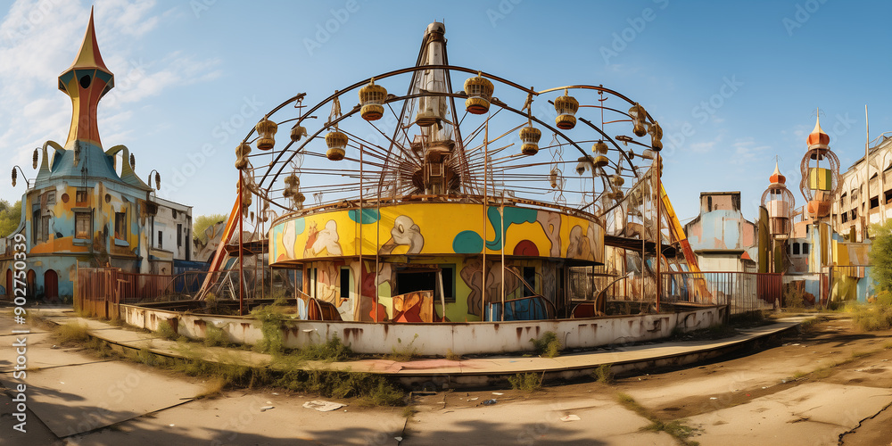 Fototapeta premium Panorama of a carousel at an old, run-down, abandoned amusement park.