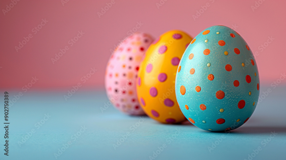 Three painted eggs with polka dots on them are sitting on a blue table Three painted eggs with polka dots on them are sitting on a blue table