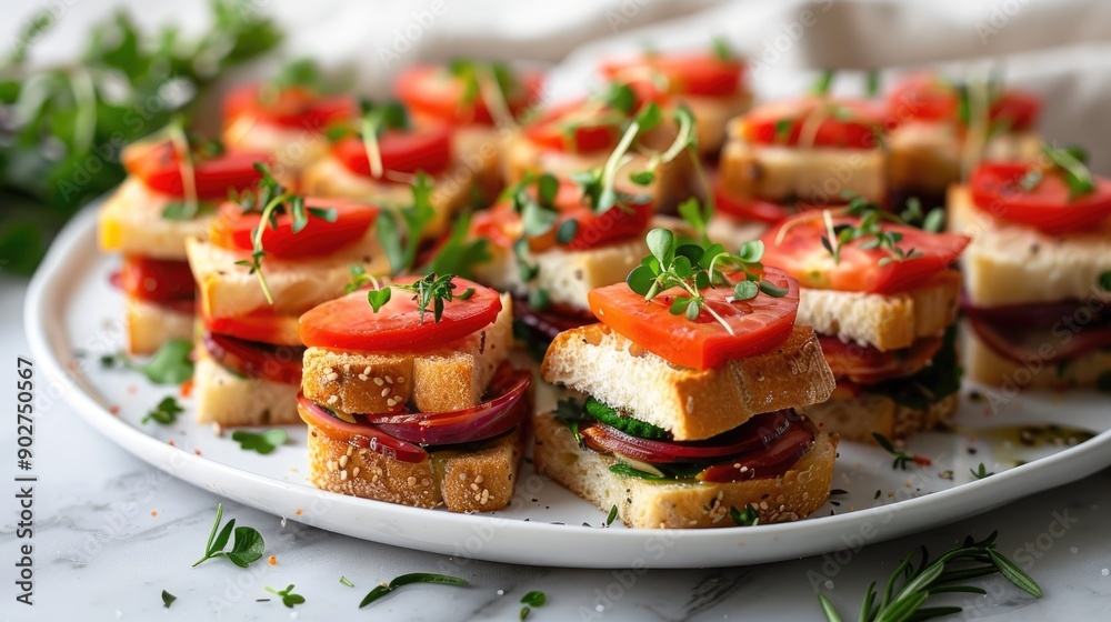 A white plate with a variety of sandwiches and a few pieces of broccoli. The sandwiches are made with bread and tomatoes, and the broccoli is sprinkled on top. The plate is set on a marble countertop A white plate with a variety of sandwiches and a few pieces of broccoli. The sandwiches are made with bread and tomatoes, and the broccoli is sprinkled on top. The plate is set on a marble countertop