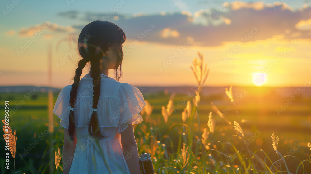 Fototapeta premium 夕暮れの少女と緑の草原