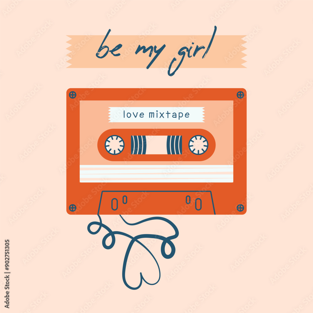 Square creative Valentine's Day card template with cute illustration of stereo cassette with sticker and text Square creative Valentine's Day card template with cute illustration of stereo cassette with sticker and text