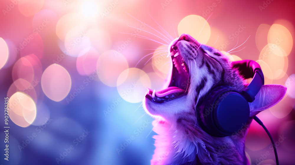 Abstract cat singer or musician in headphones on pink bright colorful background with bokeh. Clipart vector illustration of a animal pet at the stage performance Abstract cat singer or musician in headphones on pink bright colorful background with bokeh. Clipart vector illustration of a animal pet at the stage performance