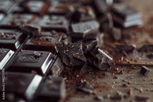 Chocolate bar pieces. on a wooden table. Sweet food photo concept.